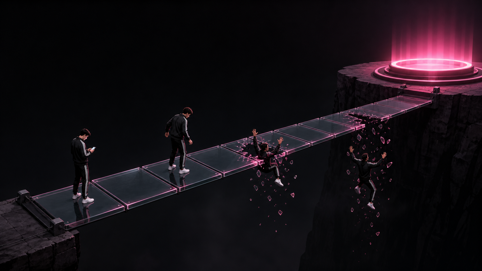 A fractured glass bridge leading toward a launch platform, with participants falling through broken panels.