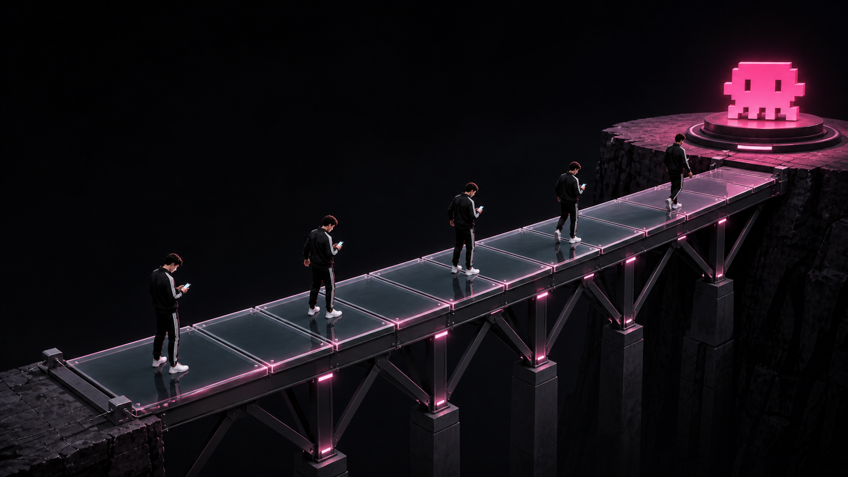 A completed neon bridge leading participants toward the Spawn platform.